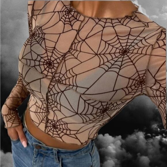 Tan Sheer Top with Brown Spider Webs Stretchy Long Sleeved Seemed Detail - Picture 3 of 7
